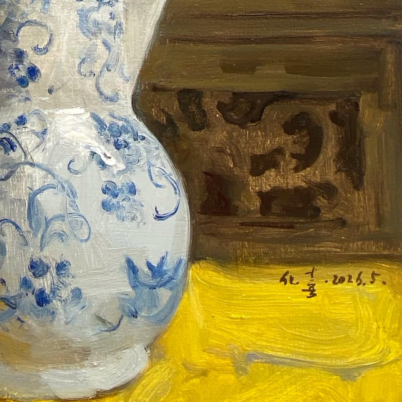 Original Still Life Oil Painting with White Hyacinths and Blue Ceramic Pitcher