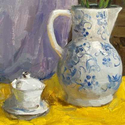 Original Still Life Oil Painting with White Hyacinths and Blue Ceramic Pitcher
