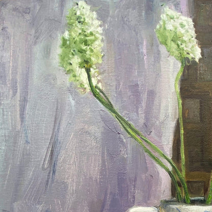 Original Still Life Oil Painting with White Hyacinths and Blue Ceramic Pitcher