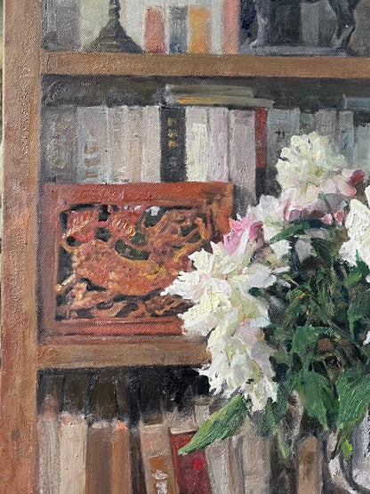 Book Fragrance No. 8 | Flowers and Bookshelf Original Oil Painting