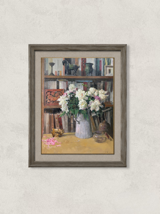 Book Fragrance No. 8 | Flowers and Bookshelf Original Oil Painting