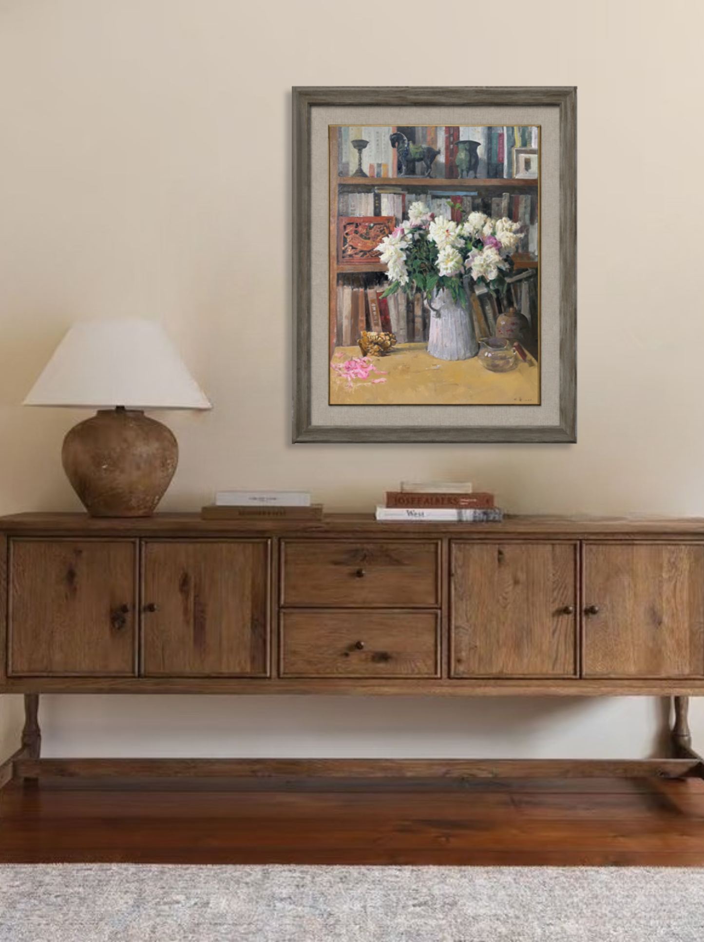Book Fragrance No. 8 | Flowers and Bookshelf Original Oil Painting