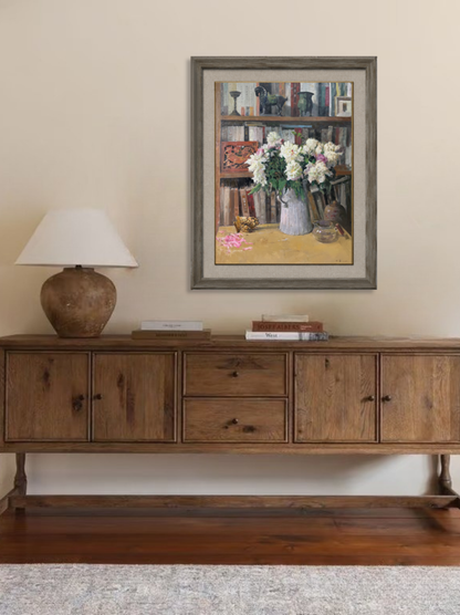 Book Fragrance No. 8 | Flowers and Bookshelf Original Oil Painting