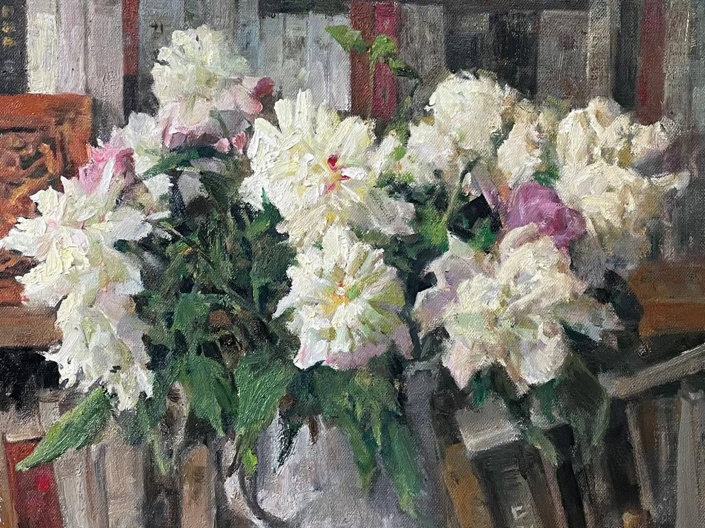 Book Fragrance No. 8 | Flowers and Bookshelf Original Oil Painting