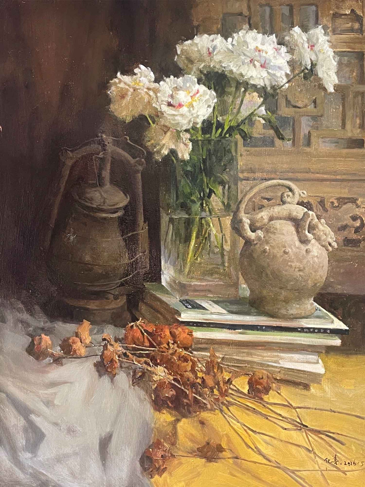 Book Fragrance No. 15 | White Flowers, Books, and Vintage Vase Original Oil Painting