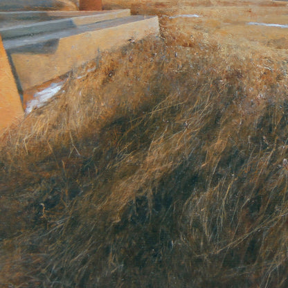 Oil painting detail with muted tones and atmospheric landscape texture