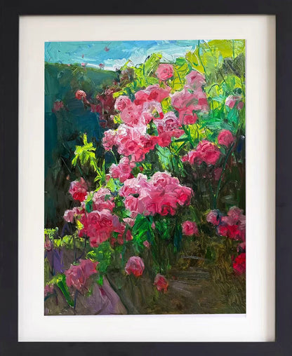 Original Framed Garden Floral Oil Painting – Pink Flower Landscape Wall Art