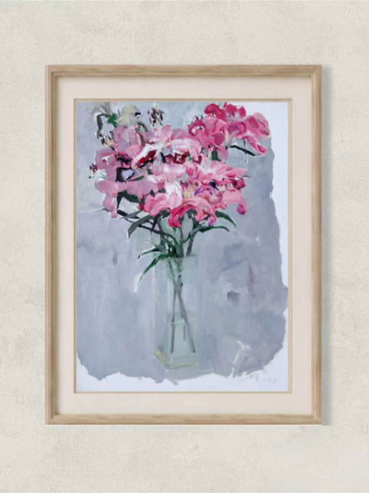 Pink Floral Still Life | Original Oil Painting in Glass Vase