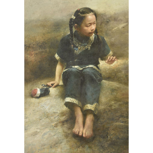 child figurative oil painting of girl in traditional dress sitting with soft textured background