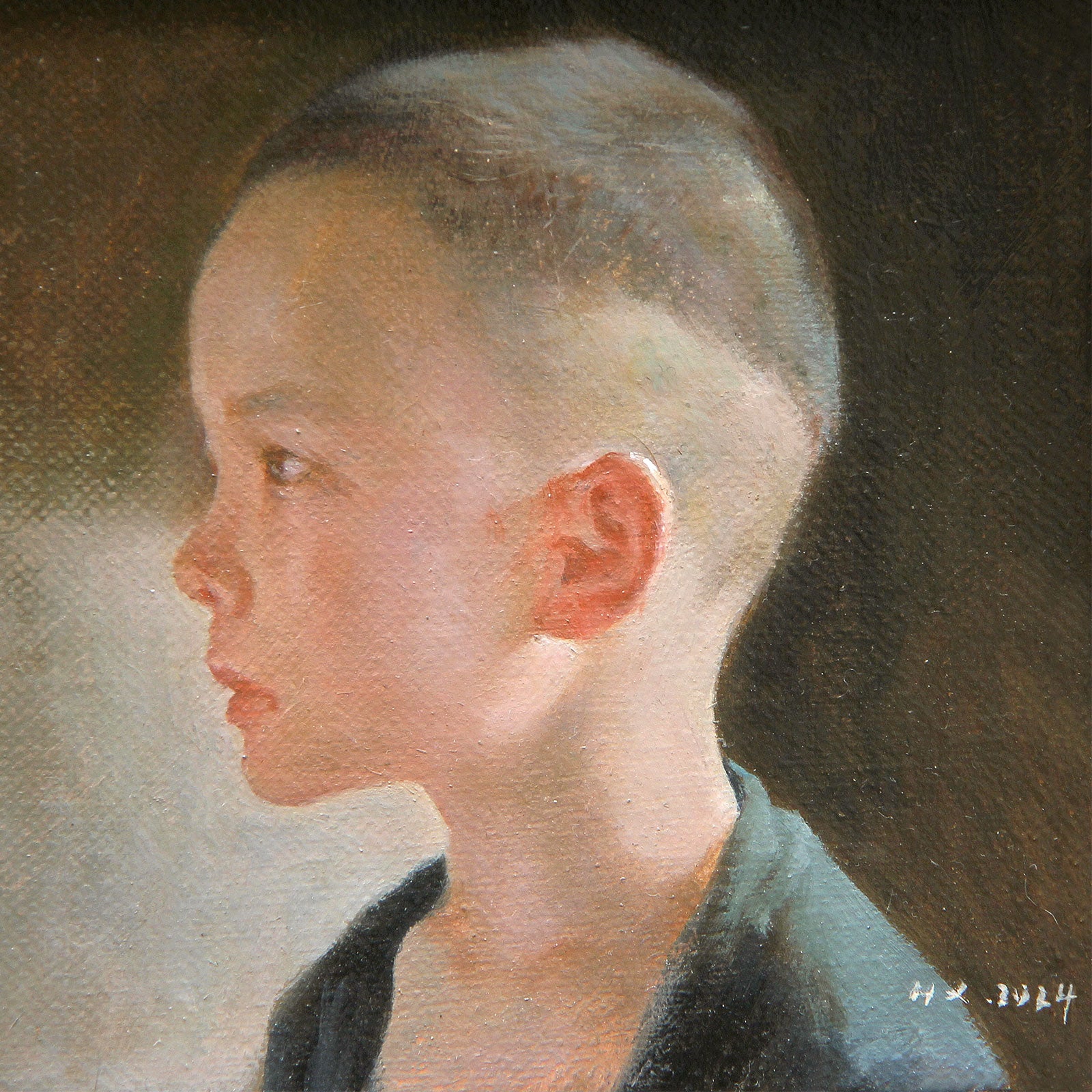 child portrait oil painting of boy in side profile with soft light and realistic detail