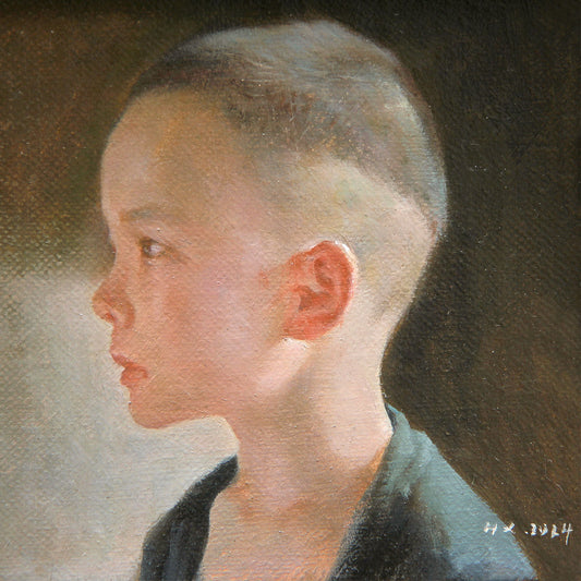 child portrait oil painting of boy in side profile with soft light and realistic detail