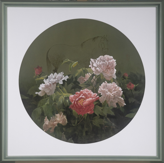 circular peony oil painting framed floral still life with dark background