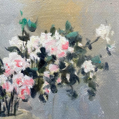 Detailed view of the floral bouquet showing expressive brushwork, layered petals, and soft color transitions in the original oil painting.