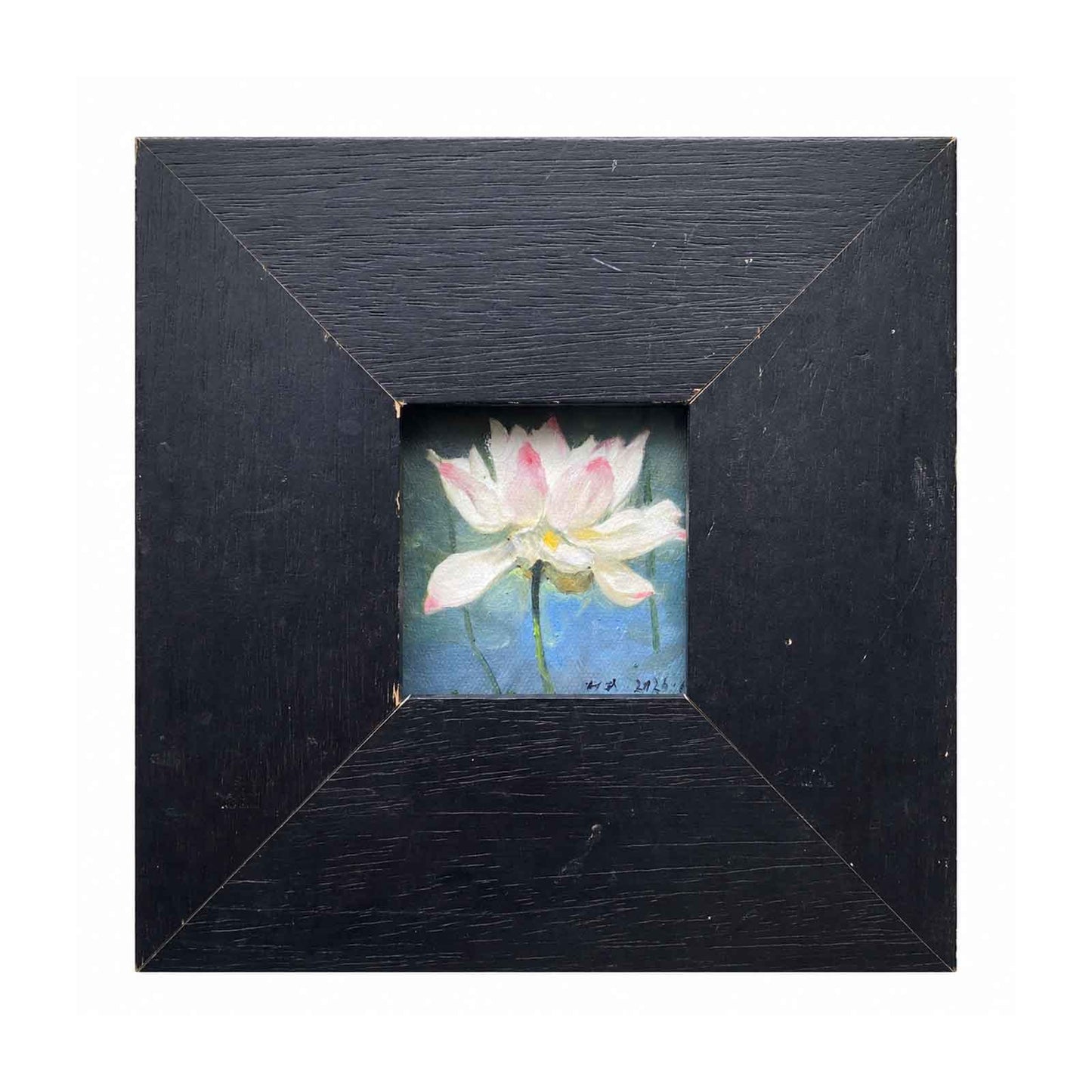 Close-up view of lotus petals showing expressive brushwork, layered color, and delicate texture in the original painting.