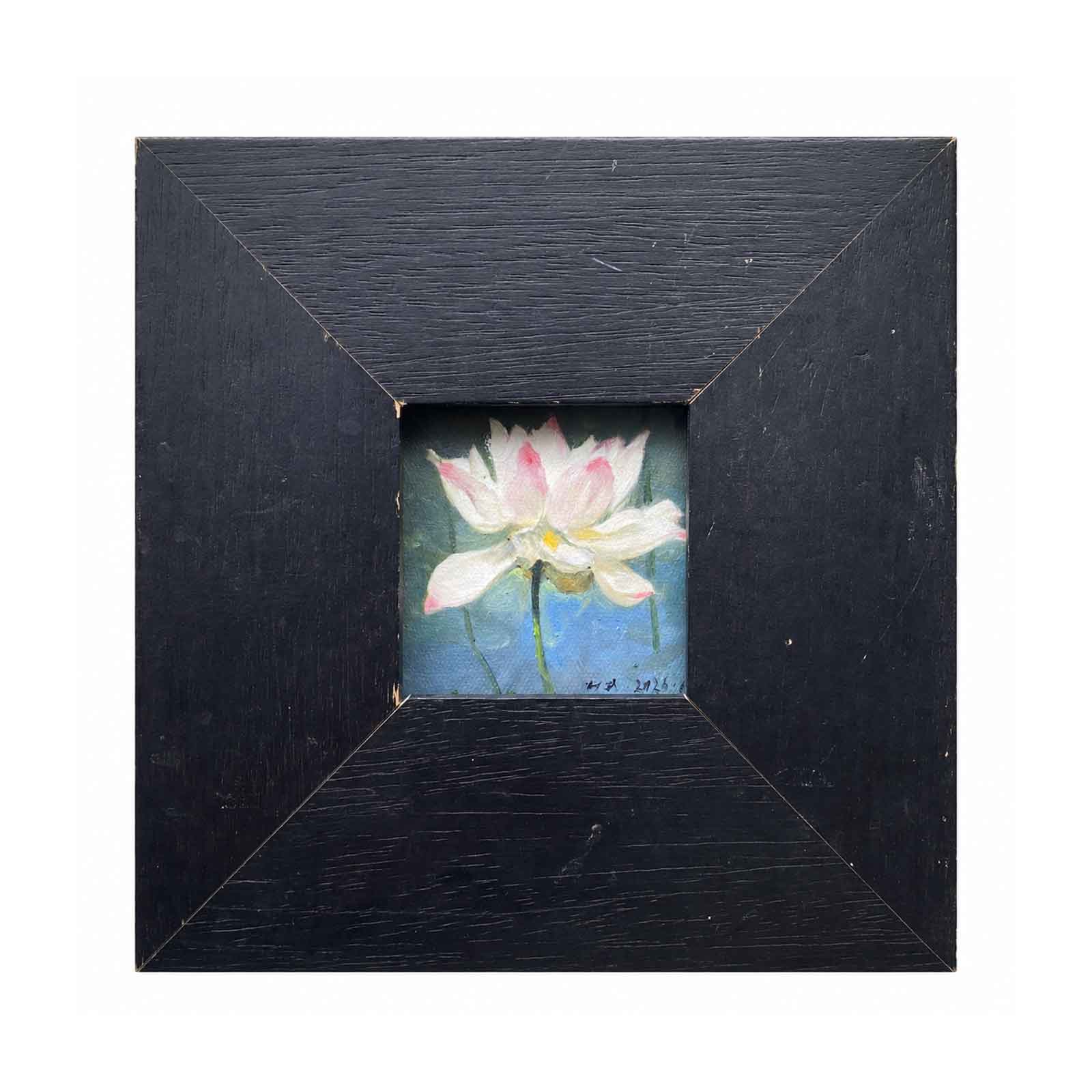 Close-up view of lotus petals showing expressive brushwork, layered color, and delicate texture in the original painting.