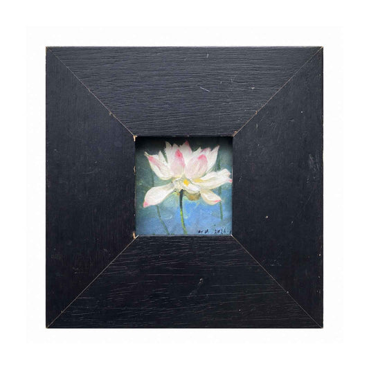 Close-up view of lotus petals showing expressive brushwork, layered color, and delicate texture in the original painting.