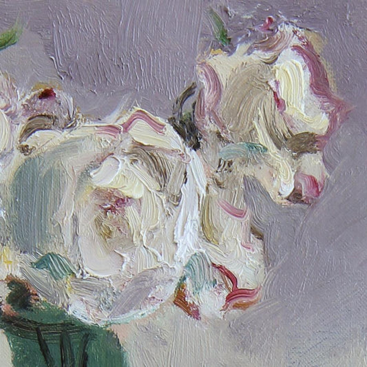 Detailed view of white flowers showing layered brushwork, subtle color transitions, and painterly texture.