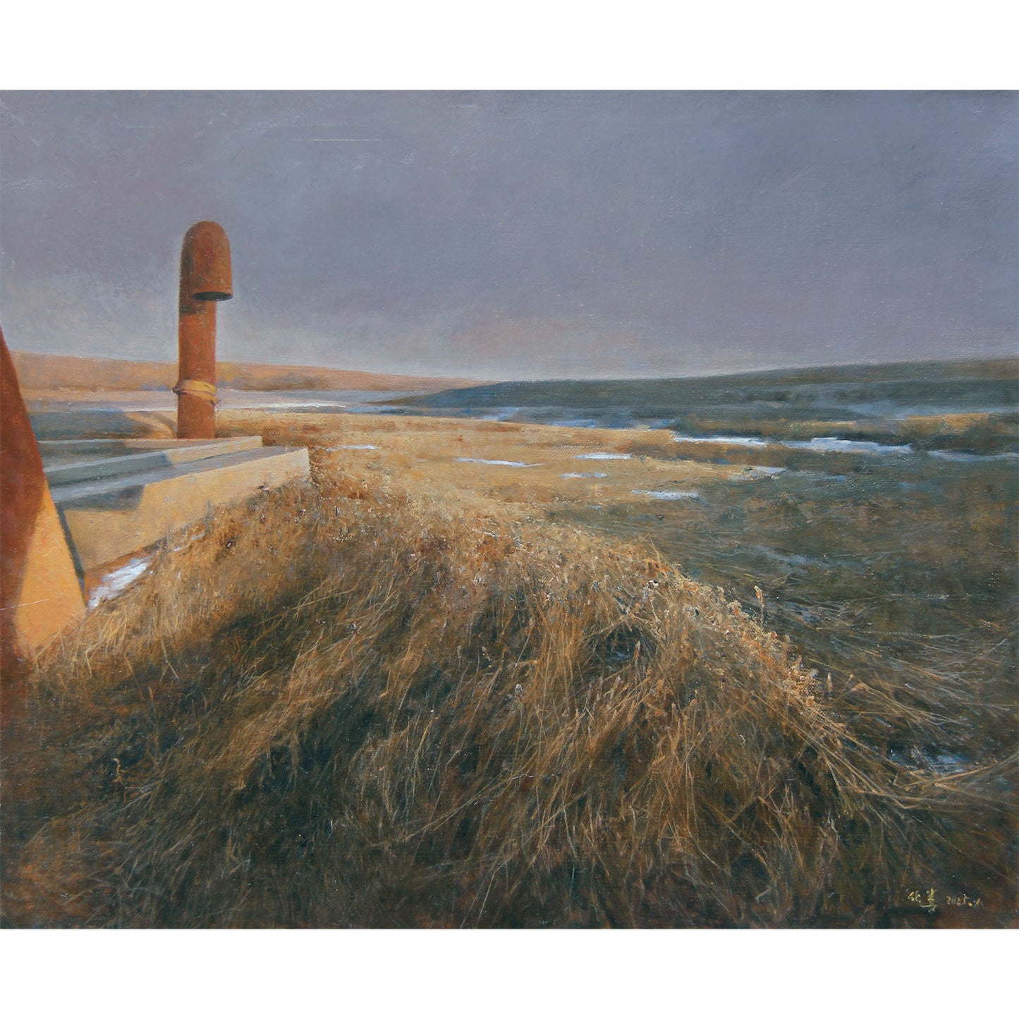 Original coastal landscape oil painting with a solitary marker, dry grass, and distant water under soft light