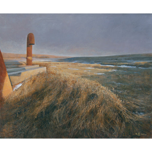 Original coastal landscape oil painting with a solitary marker, dry grass, and distant water under soft light
