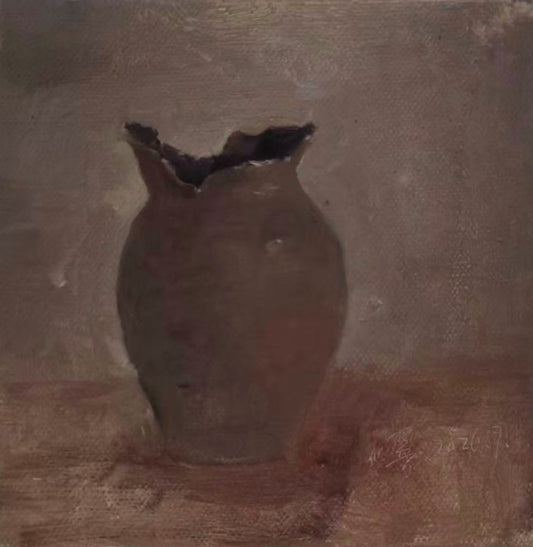 Dark Earthenware original still life oil painting by Yang Huaxi featuring a dark brown clay vessel