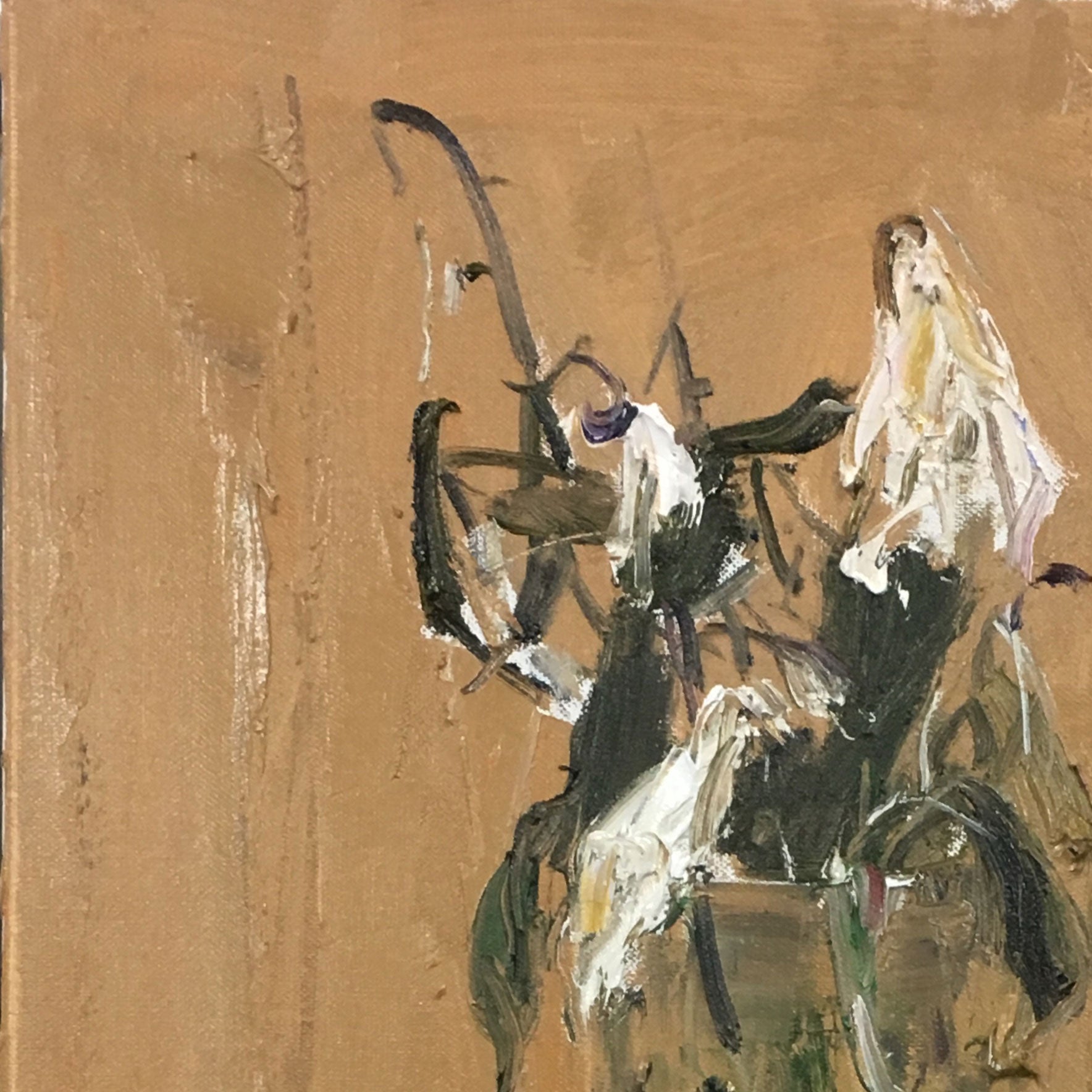 Detail of still life painting with dried flowers and loose strokes
