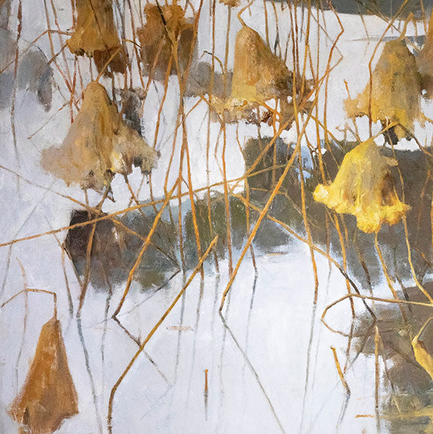 Close-up of oil painting showing lotus stems and hanging leaves