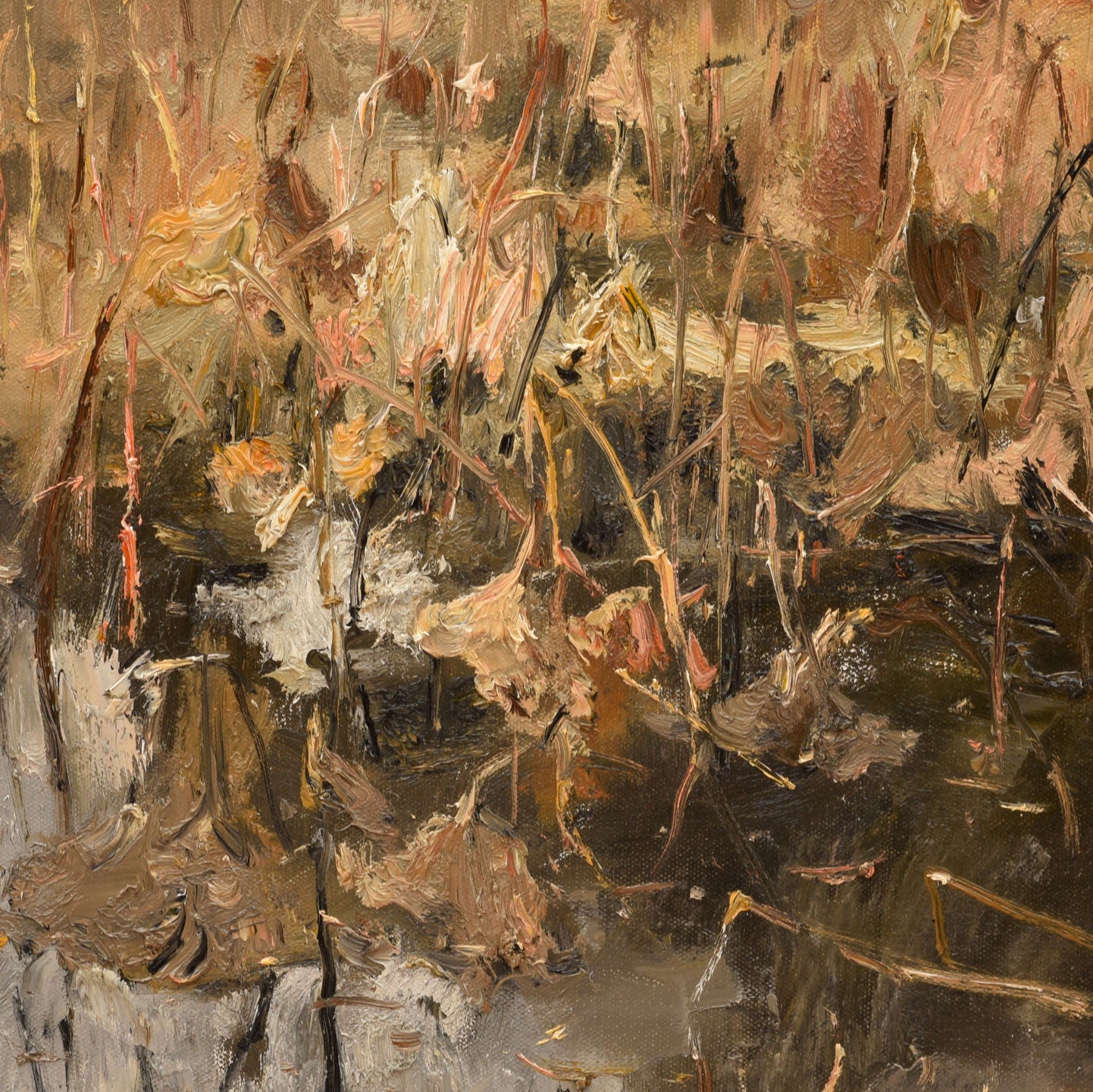 Close-up of oil painting showing thick texture and dried lotus leaves