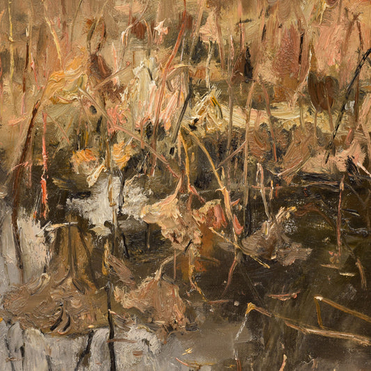 Close-up of oil painting showing thick texture and dried lotus leaves