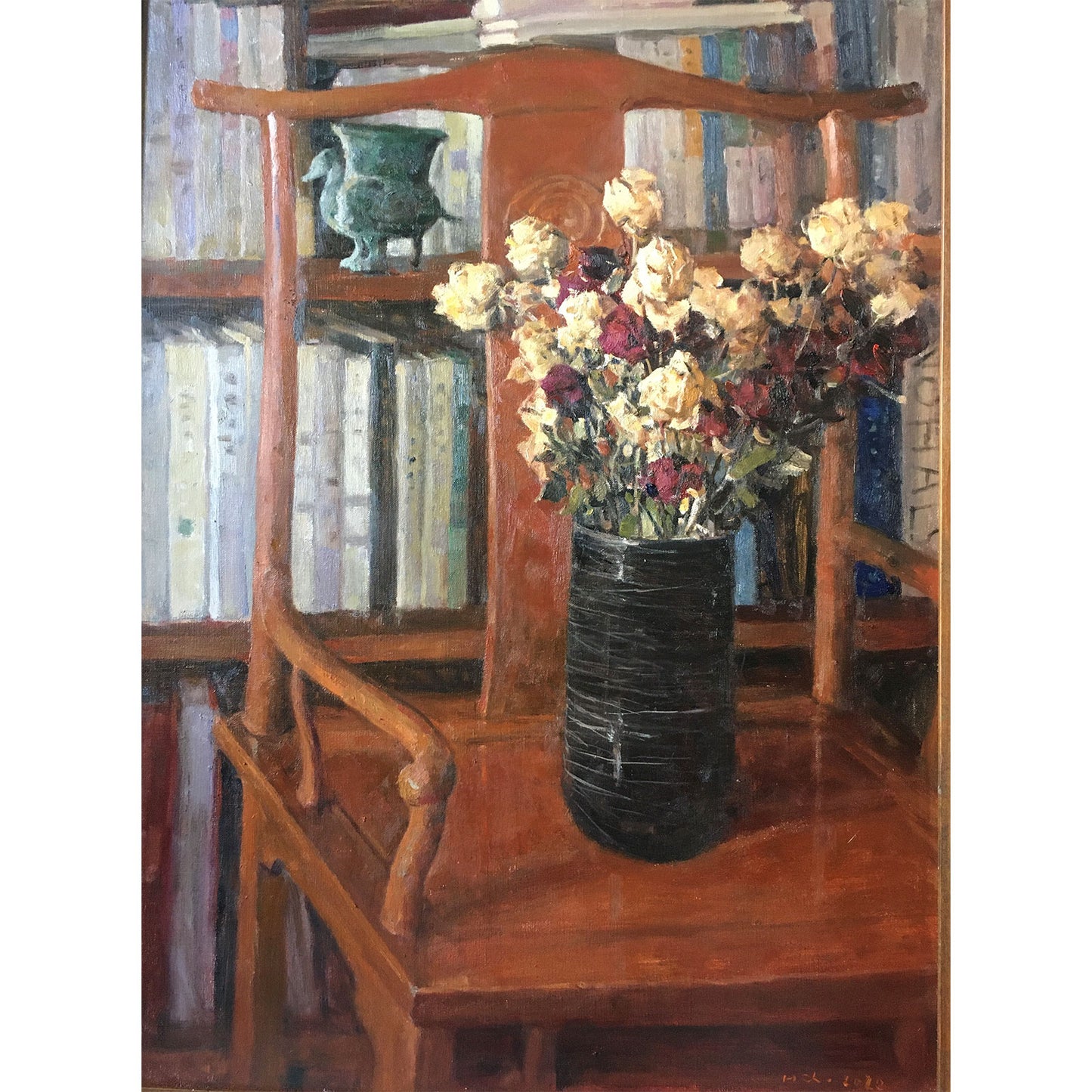 Original oil painting of dried roses in a black vase with a bookshelf background and wooden table