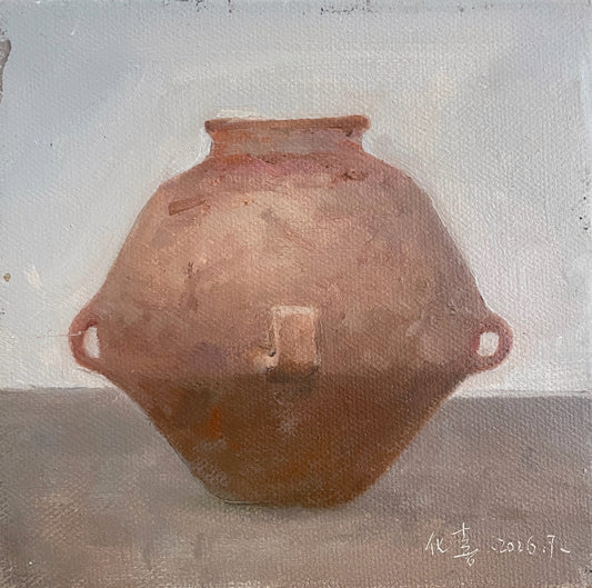 Earthenware Jar original still life oil painting by Yang Huaxi with a two-handled clay vessel