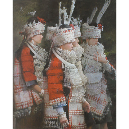 ethnic group portrait oil painting of women in traditional costume with detailed headpieces