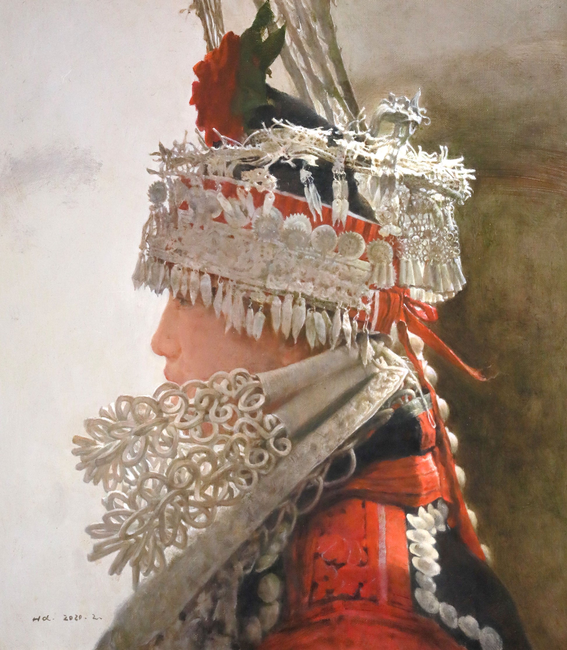 ethnic portrait oil painting of woman in traditional costume profile with detailed silver ornaments