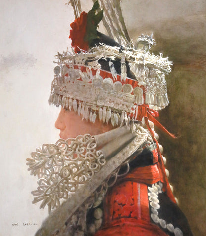 ethnic portrait oil painting of woman in traditional costume profile with detailed silver ornaments