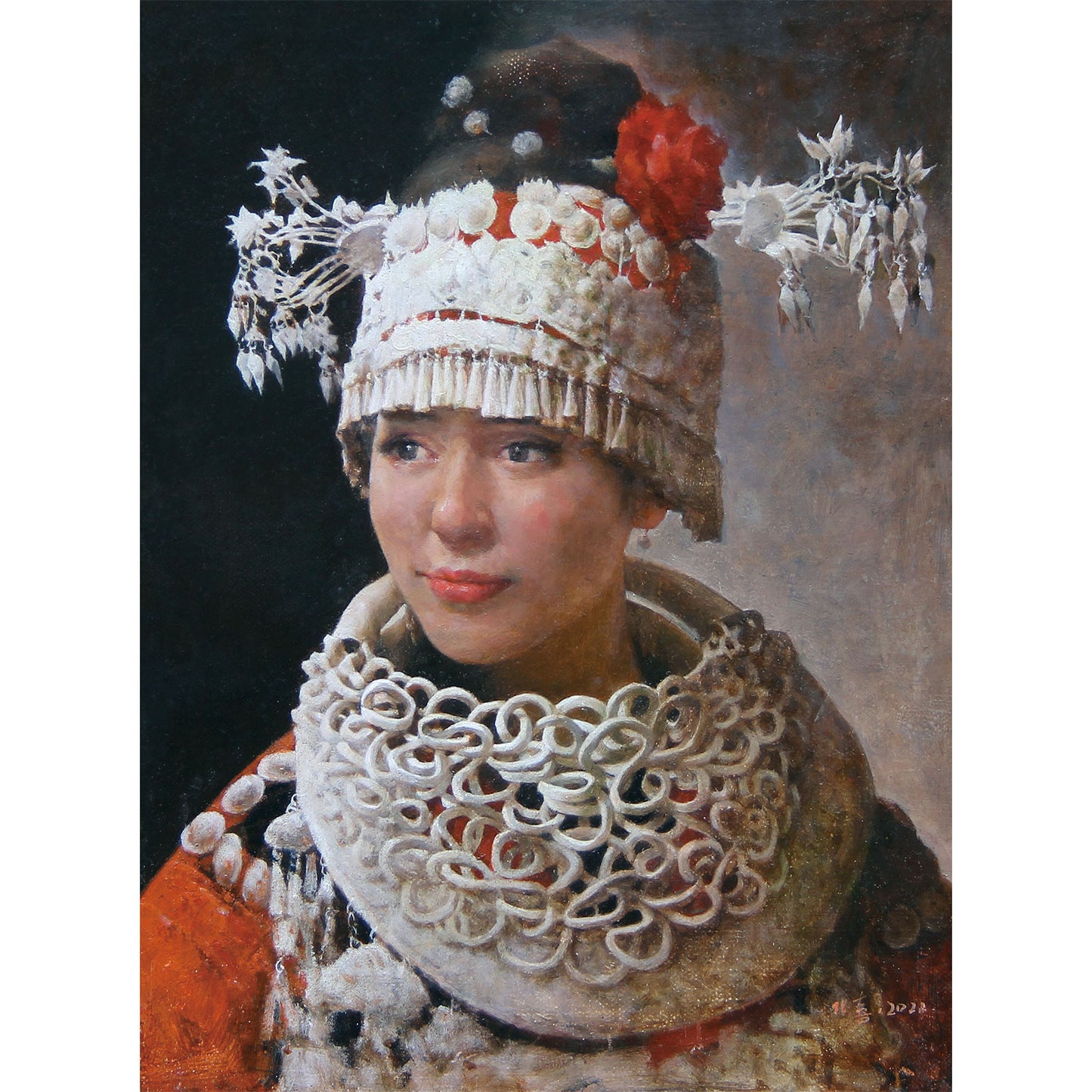 ethnic portrait oil painting of woman in traditional costume with detailed headpiece