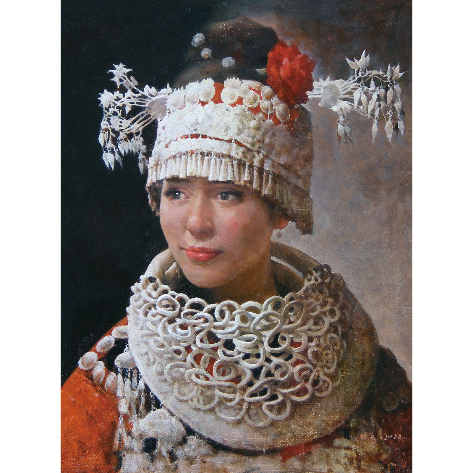 ethnic portrait oil painting of woman in traditional costume with detailed headpiece