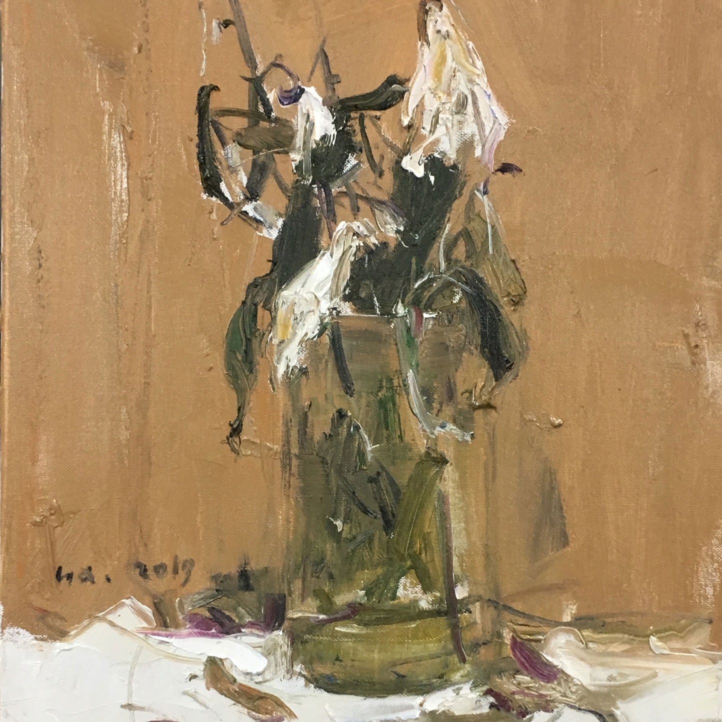 Close-up of oil painting showing expressive brushwork and texture