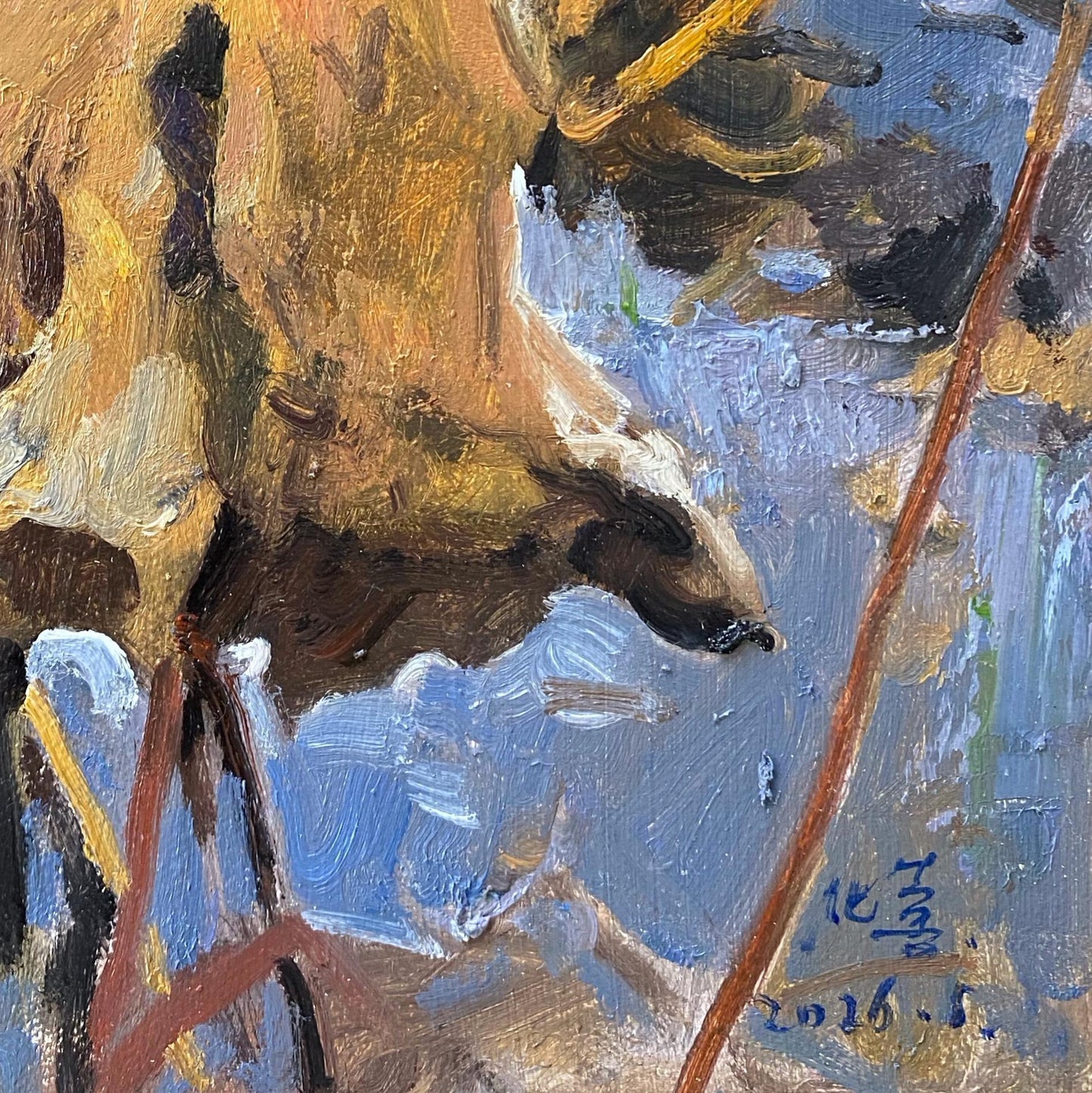 Original Oil Painting of Autumn Leaf on Snow