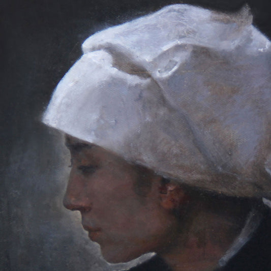 Female portrait painting of a Buyi woman wearing a white headscarf by Yang Huaxi