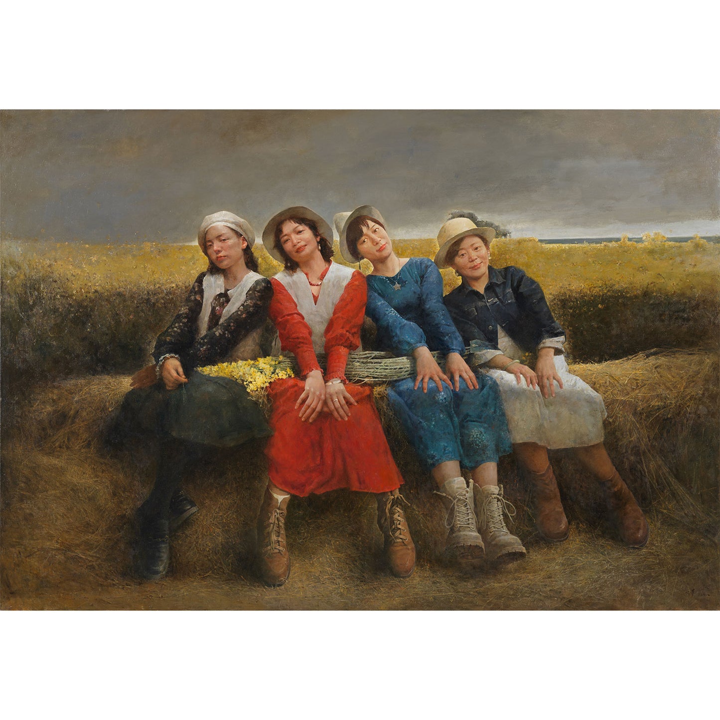 figurative group oil painting of four women sitting together in outdoor landscape