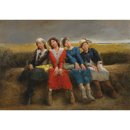 figurative group oil painting of four women sitting together in outdoor landscape