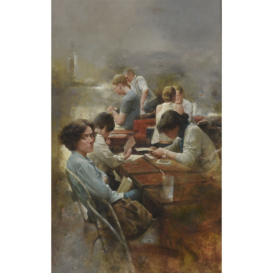 figurative oil painting of people sitting at table in warm afternoon light social scene
