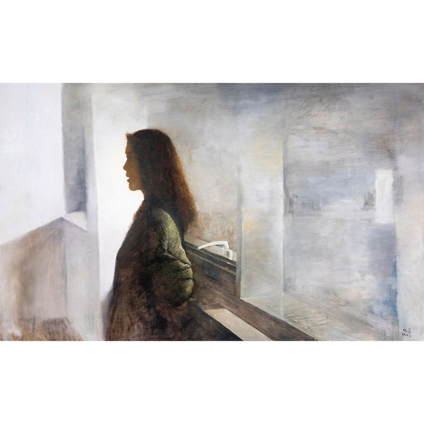 original figurative oil painting of a quiet female profile in a soft interior setting