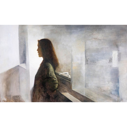 original figurative oil painting of a quiet female profile in a soft interior setting