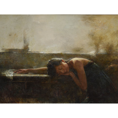emotional figurative oil painting of woman resting with soft light and textured background