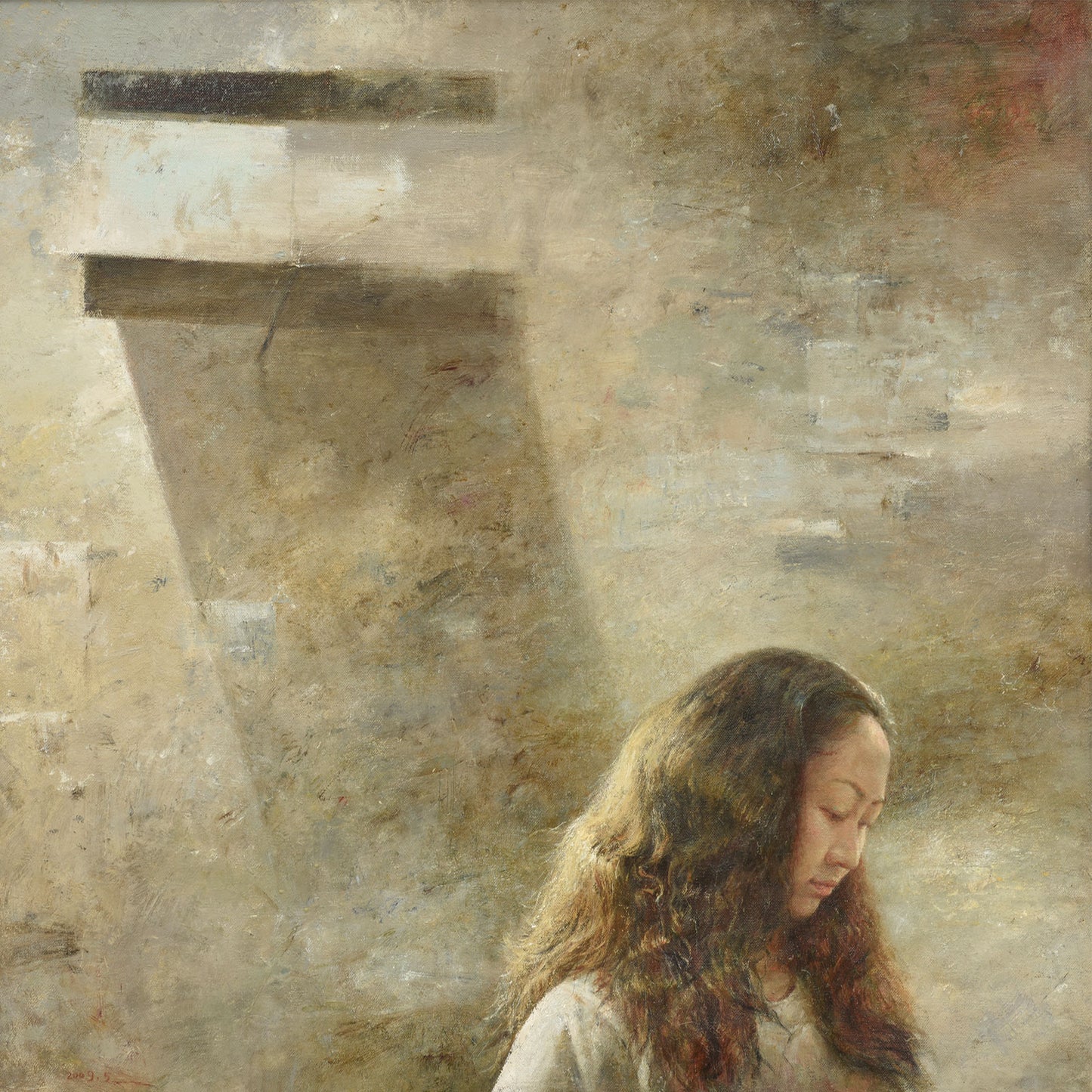 quiet figurative oil painting of woman looking down in soft light with textured background