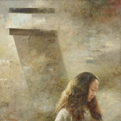 quiet figurative oil painting of woman looking down in soft light with textured background
