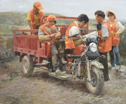 figurative oil painting of workers standing around a motorcycle in outdoor setting