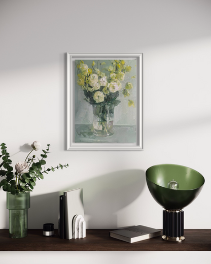 Framed floral still life painting displayed on wall in modern home interior decor