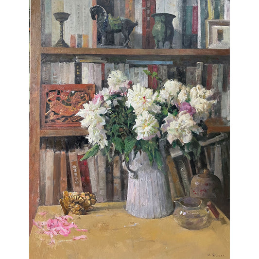 Original floral still life oil painting with flowers in a vase and bookshelf background with objects