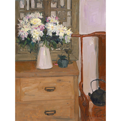 Original floral still life oil painting with flowers in a vase on a wooden cabinet in a warm interior